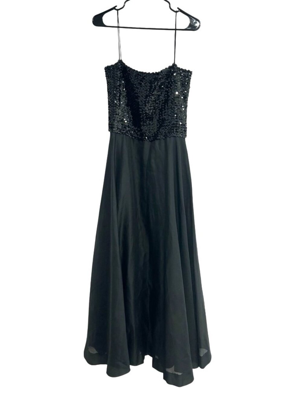 Black Sequin Bodice Long Formal Small Dress Spaghetti Straps Gothic Ethereal